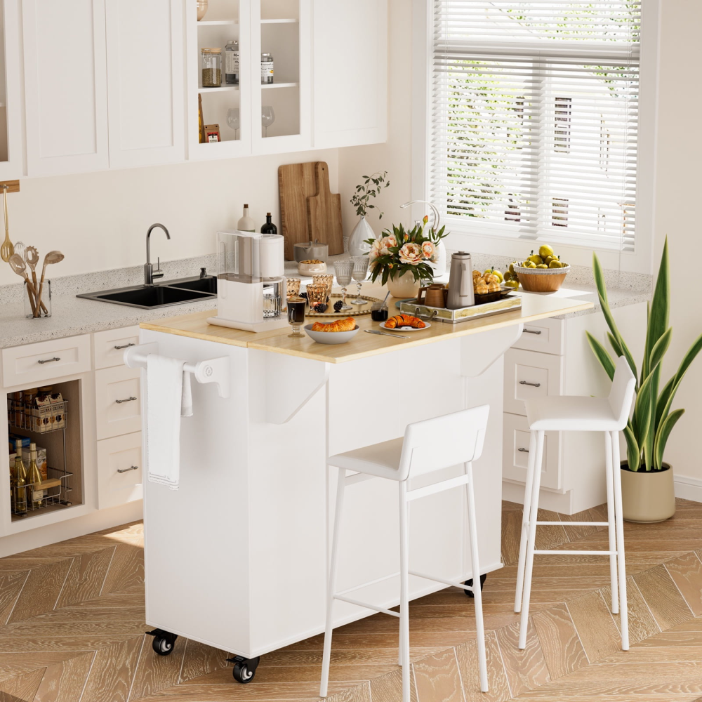 Carrito de cocina con isla de 41,3" con ruedas, tablero abatible y espacio de almacenamiento, color blanco