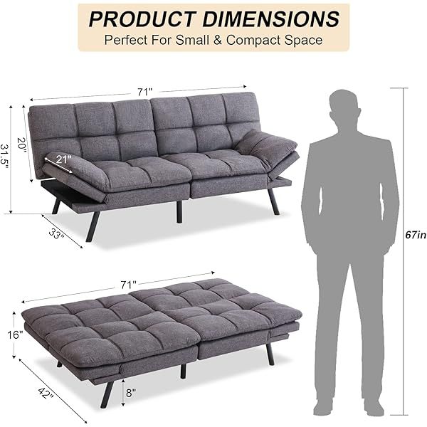 Opoiar Futon Couch,Convertible Futon Sofa Bed,Memory Foam Sleeper Sofa,Adjustable Modern Loveseat,Futon Sets, Sofa Bed for Compact Living Room,Apartment,Office,Grey