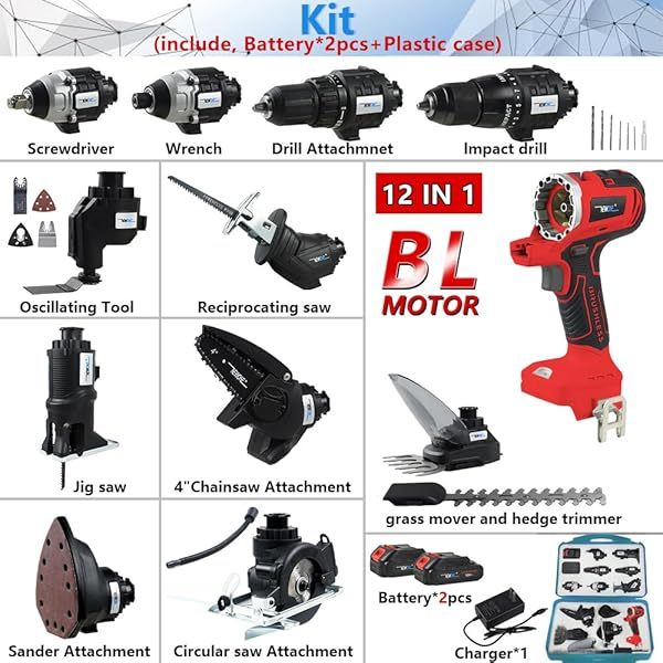 Kit combinado de herramientas eléctricas inalámbricas, 12 herramientas MAX MATRIX de 18 V, con taladro, 2 baterías de 2.0 Ah y 1 cargador (negro y rojo) 12-Tool Set Black Red