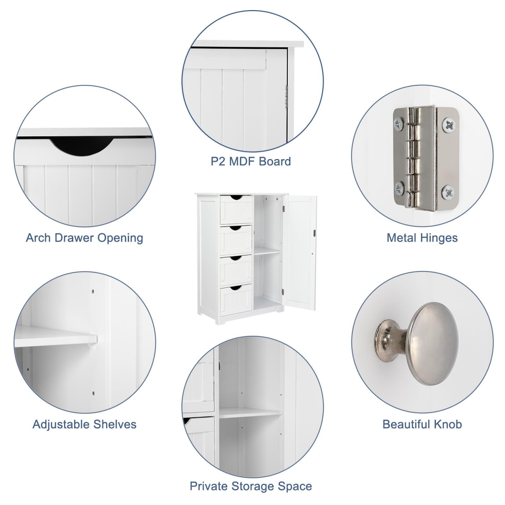 Mueble de baño de madera, organizador de almacenamiento lateral con 4 cajones, 1 armario y 2 estantes, color blanco