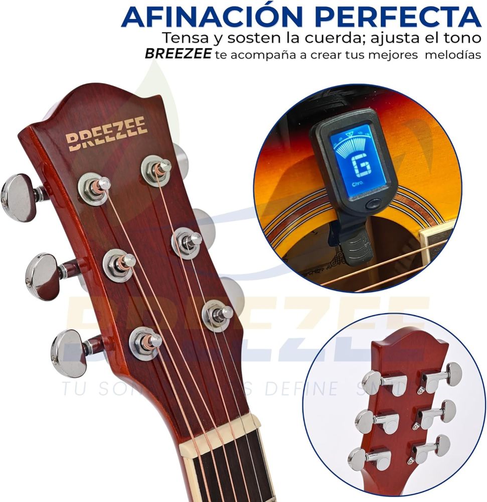 Guitarra Electroacústica de 40” Diseñada sobre Abeto, Merbau, Okume y Palisandro. Acabado de Barniz en Pulverización, Incluye Set de Accesorios Completo para Principiante