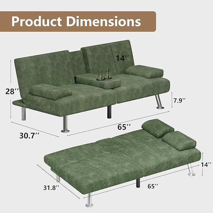 Futón sofá cama, sofá plegable de pana ajustable, sofá cama para apartamentos pequeños, juego de muebles tapizados para sala de estar con 2 soportes para tazas (verde)