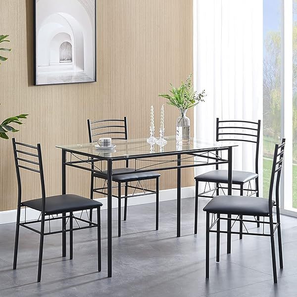 juego de mesa de comedor con mesa de vidrio para 4, Negro