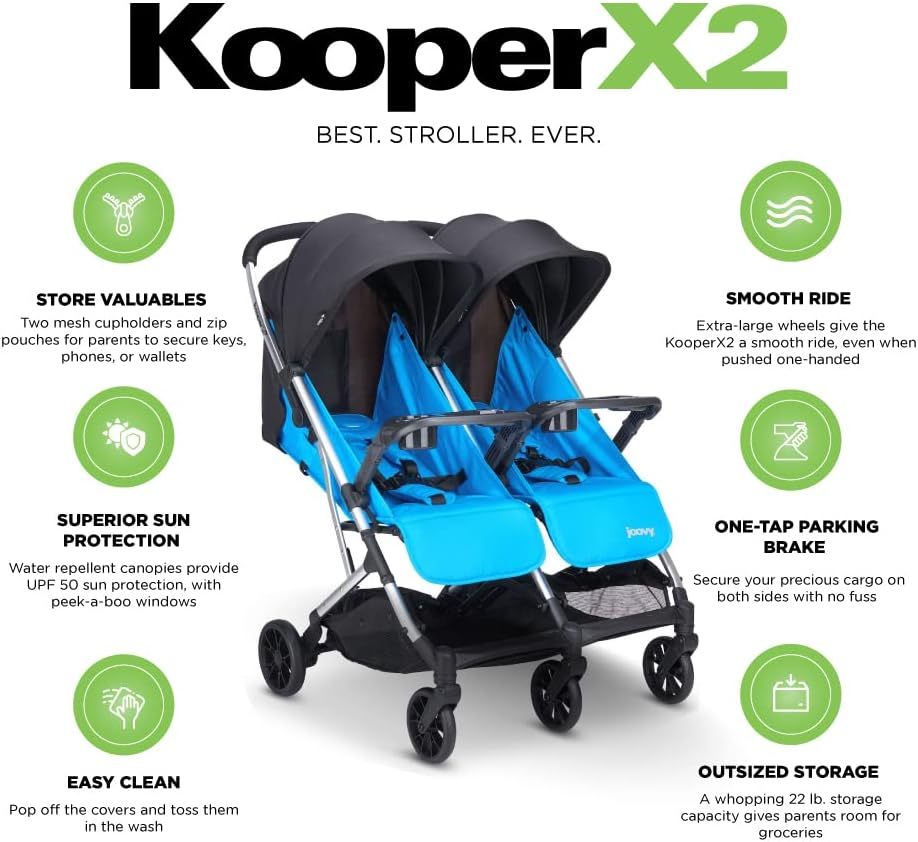 Joovy Kooper X2 carriola doble, carriola de viaje ligero, plegable compacto con bandeja