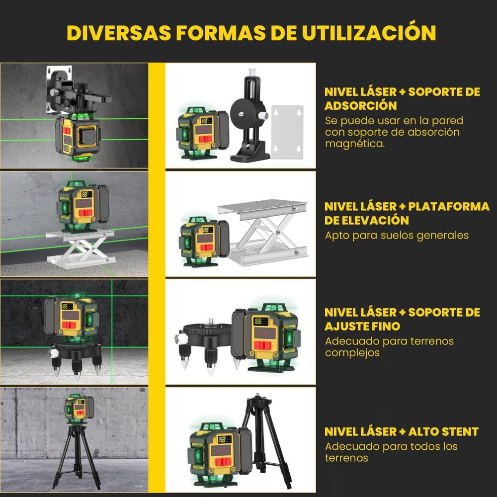 Nivel láser autonivelante con trípode, nivel láser 4D de 16 líneas, nivel láser en cruz verde de 360°, nivel autonivelante con mando a distancia, soporte y caja de herramientas