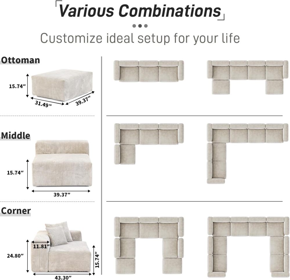 Sofá modular beige de gran tamaño con chaise longue y otomana