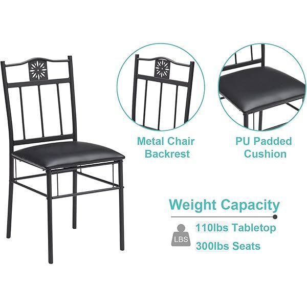 Mesa de comedor con 4 sillas [4 manteles individuales incluidos, negro, 43,3 x 27,5 x 30, 15,7 x 16,9 x 33,8] Juego de mesa de comedor negro para 4