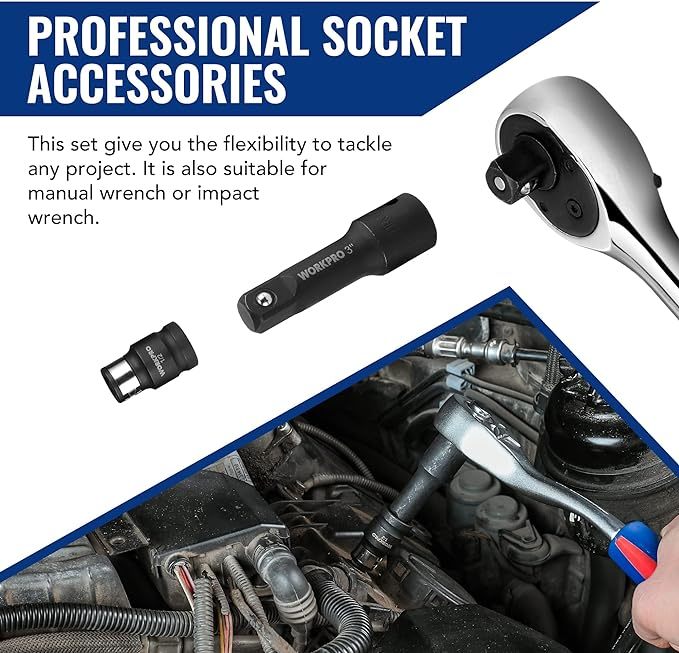 Juego de accesorios de herramientas de accionamiento de 18 piezas, incluye adaptadores de enchufe, barra de extensión de enchufe, juntas universales giratorias y acoplador de impacto, unidad de 1/4", 3/8" y 1/2"