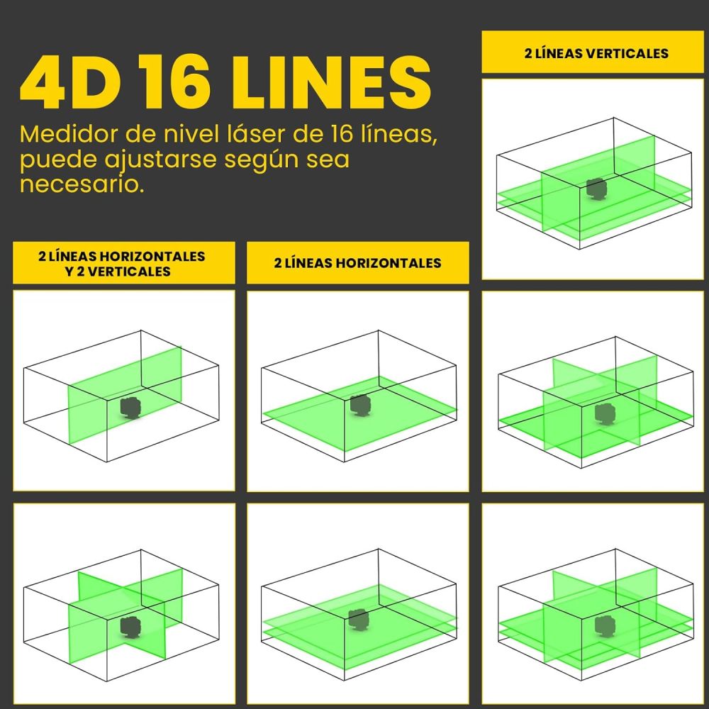 Nivel láser autonivelante con trípode, nivel láser 4D de 16 líneas, nivel láser en cruz verde de 360°, nivel autonivelante con mando a distancia, soporte y caja de herramientas