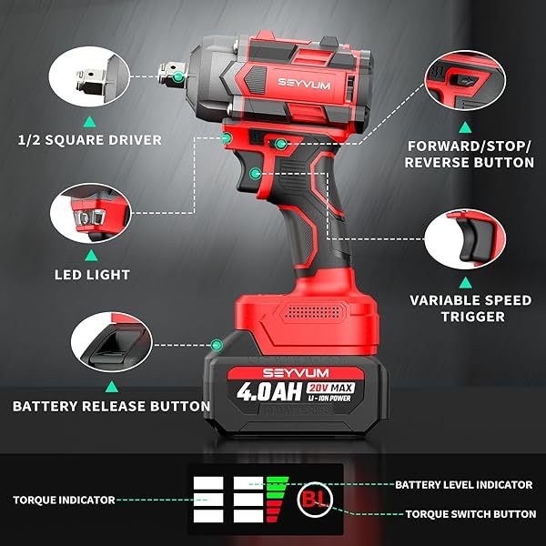 Llave de impacto, pistola de impacto de 1/2", destornillador de impacto eléctrico con par máximo de 320 ft-lb (430 Nm), llave de impacto inalámbrica