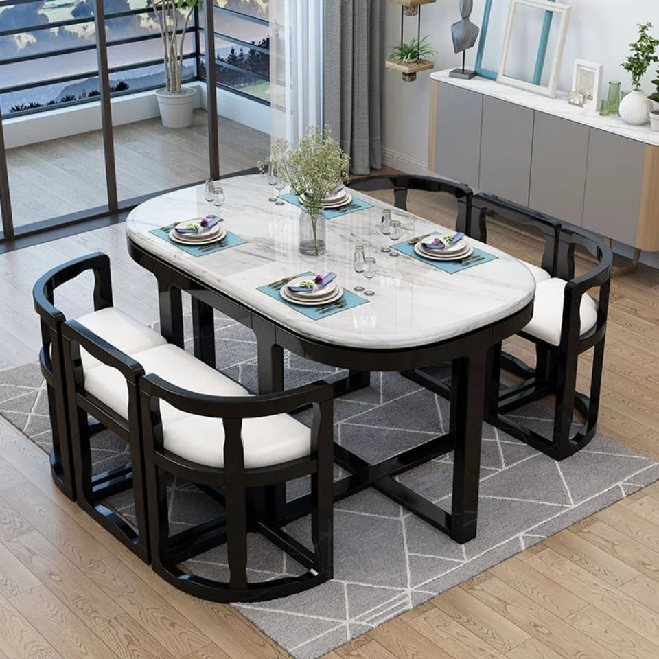 Mesa de comedor de madera maciza de mármol para 6 personas