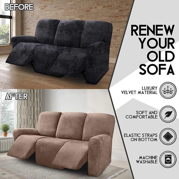 Fundas de sofá reclinables de terciopelo de 8 piezas, fundas elásticas para sofá reclinable de 3 cojines, fundas para sofá reclinable, muebles