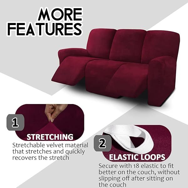 Fundas de sofá reclinables de terciopelo de 8 piezas, fundas elásticas para sofá reclinable de 3 cojines, fundas para sofá reclinable, muebles