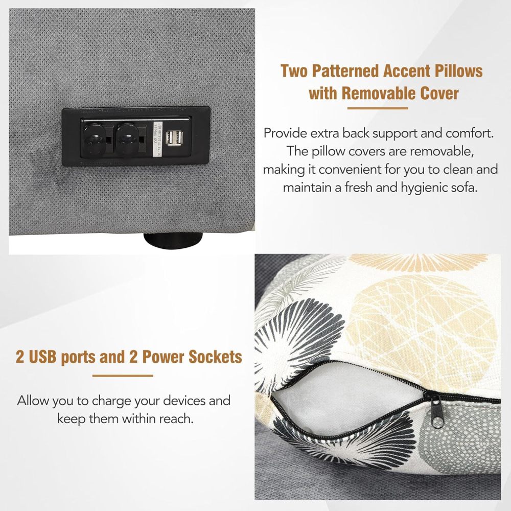 Sofá seccional convertible, sofá cama extraíble con 3 almohadas y 2 puertos USB