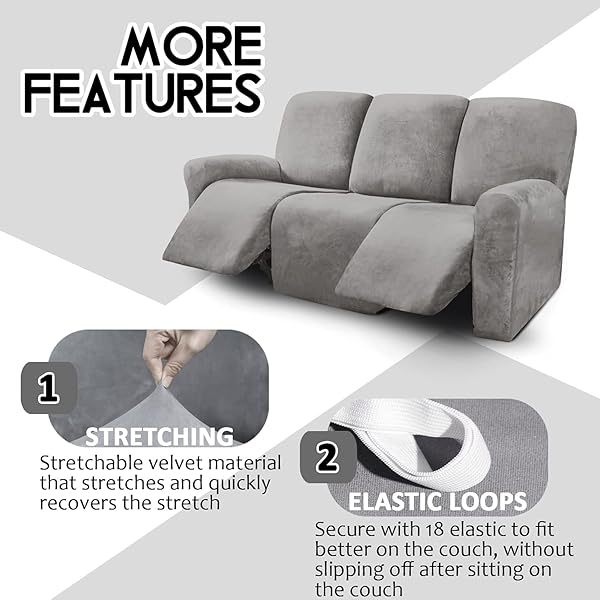 Fundas de sofá reclinables de terciopelo de 8 piezas, fundas elásticas para sofá reclinable de 3 cojines, fundas para sofá reclinable, muebles