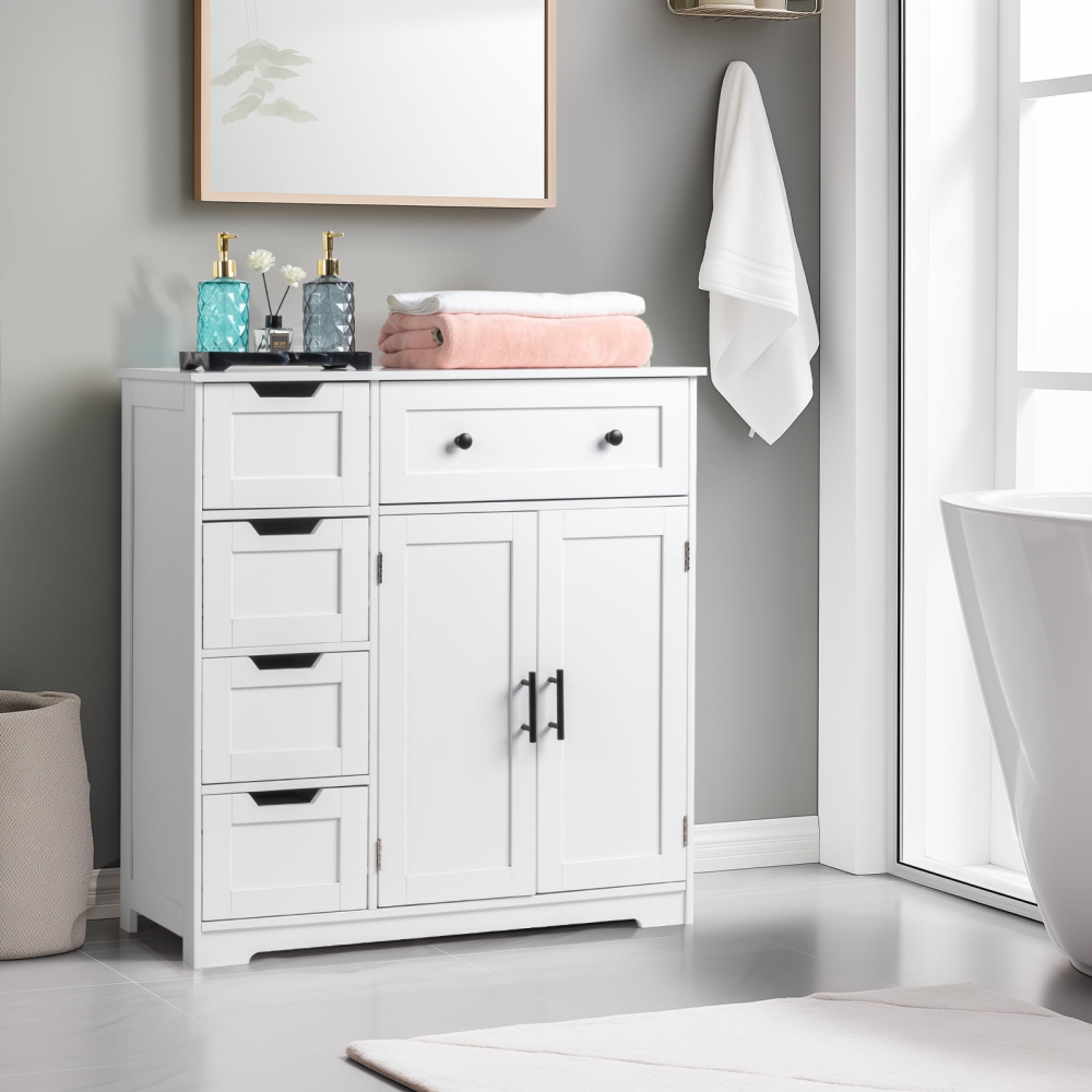 Mueble de baño de madera con 5 cajones y 1 armario, para entrada de salón, color blanco