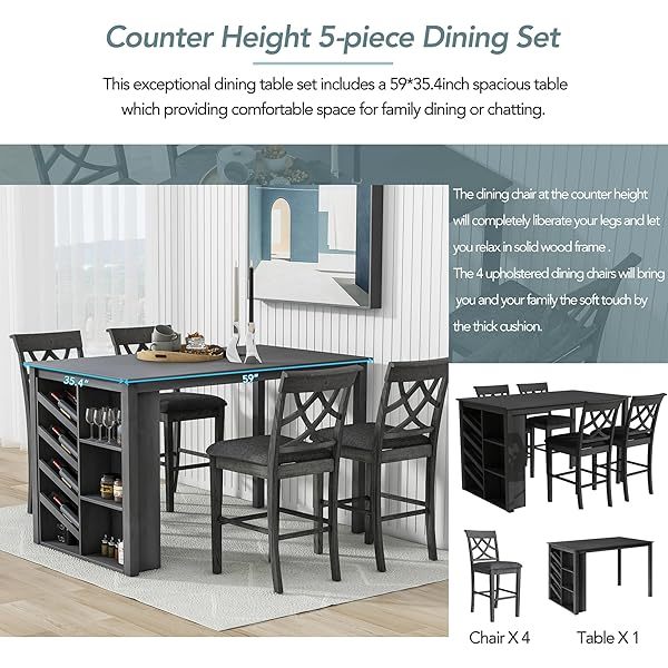 Juego de mesa de comedor de altura de mostrador con 4 sillas, mesa de cocina de madera maciza con gabinete de almacenamiento y cajón, tablero de mesa de mármol sintético, color negro