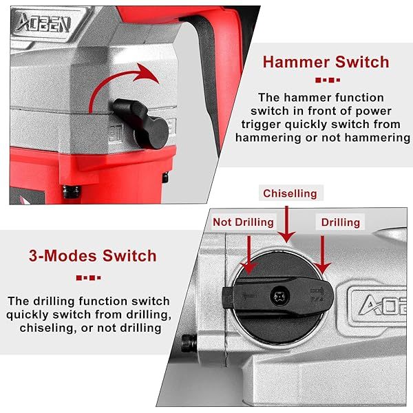 Taladro percutor rotativo con control de vibración y embrague de seguridad, martillo demoledor para hormigón, incluye 3 brocas, cinceles planos y puntiagudos, 13 amperios