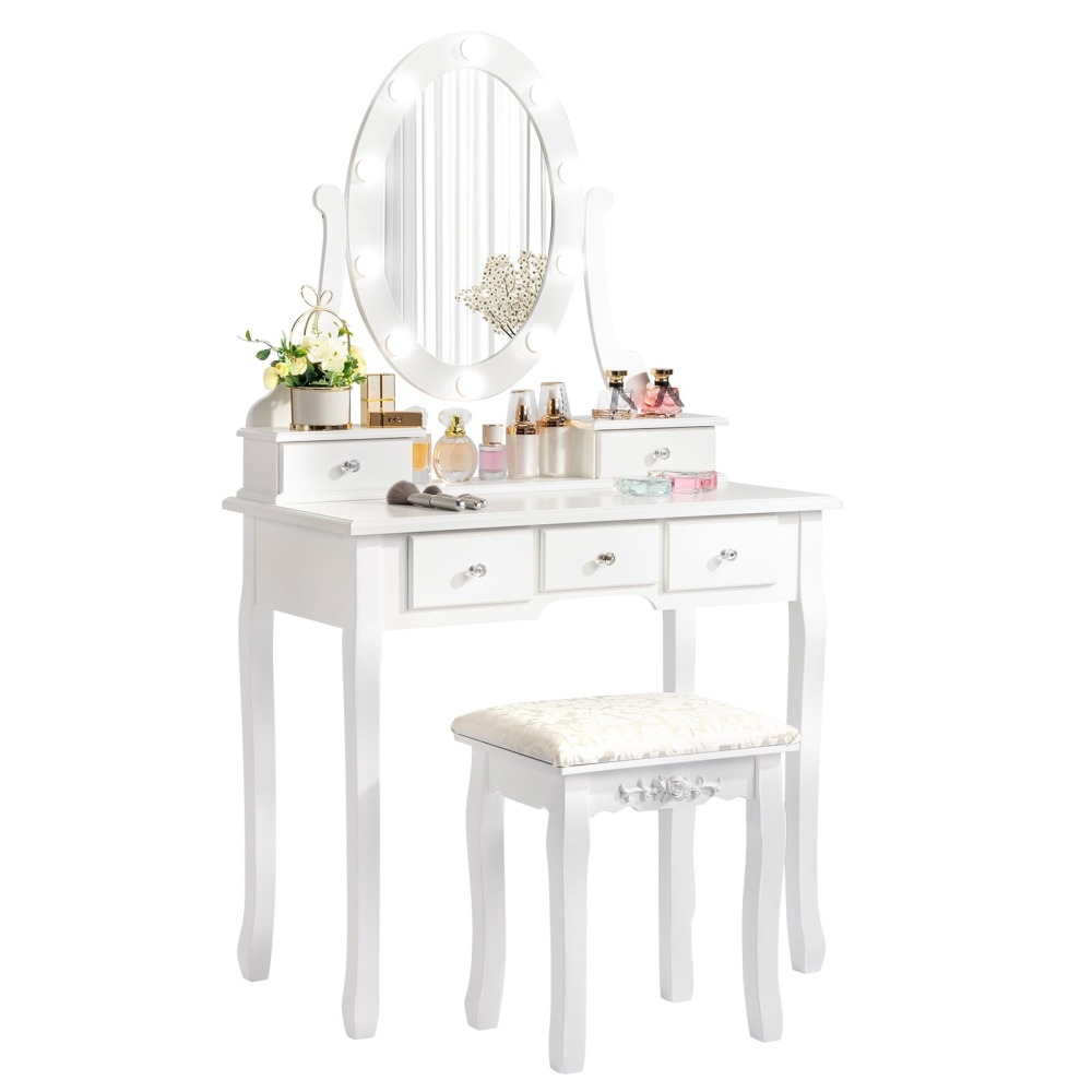 Tocador de Maquillaje con 10 Luces LED - Mesa de Vanity con 5 Cajones + Banco Acolchado - Juego Blanco para Dormitorio