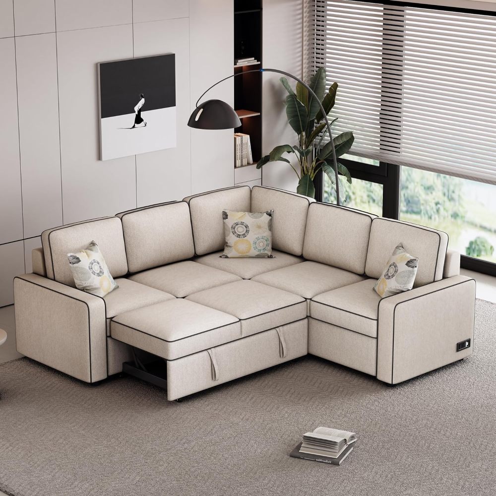 Sofá seccional convertible, sofá cama extraíble con 3 almohadas y 2 puertos USB