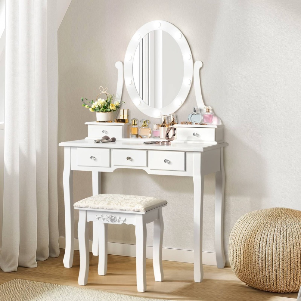 Tocador de Maquillaje con 10 Luces LED - Mesa de Vanity con 5 Cajones + Banco Acolchado - Juego Blanco para Dormitorio