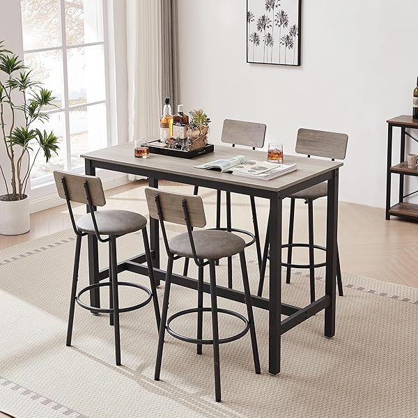 Sillas de comedor, juego de altura de mostrador industrial con respaldo tapizado y reposapiés, para el hogar y la cocina, mesa de desayuno gris, mesa de bar con 4 taburetes con asiento de PU