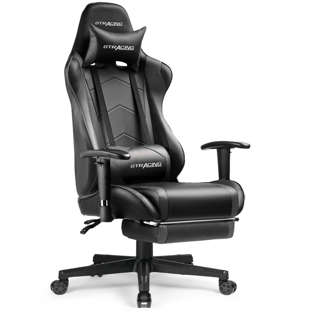Silla gaming, silla ergonómica de escritorio con soporte lumbar, cuero sintético, reposapiés y reposacabezas ajustable.