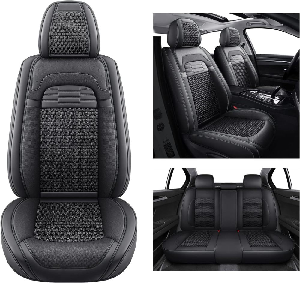 hikeaglauto Juego completo de fundas de asiento de coche, de piel sintética para autos, SUV, súper transpirables, universales, para la mayoría de los sedanes (juego completo, negro)