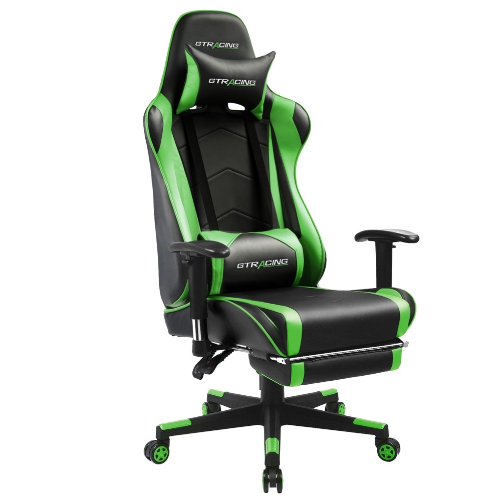 Silla gaming, silla ergonómica de escritorio con soporte lumbar, cuero sintético, reposapiés y reposacabezas ajustable.