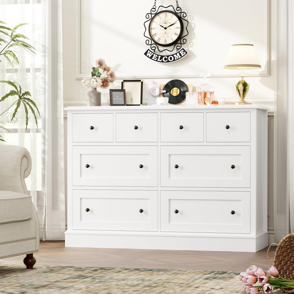 Cómoda horizontal combinada de 8 cajones para dormitorio, cómoda blanca moderna, mueble de almacenamiento de madera para sala de estar