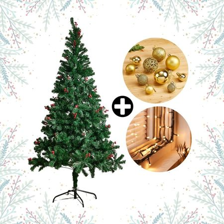 Navideño Colección Dorada: Árbol de navidad con Berries 210cm y 864 ramas + 88 Bolas Doradas + 10m de 200 luces LED Cálida