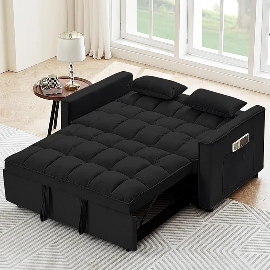 Sofá convertible de 55 pulgadas 3 en 1 sofá de terciopelo pequeño con cama extraíble, respaldo reclinable, almohadas y bolsillos, futón para sala de estar, departamento, oficina