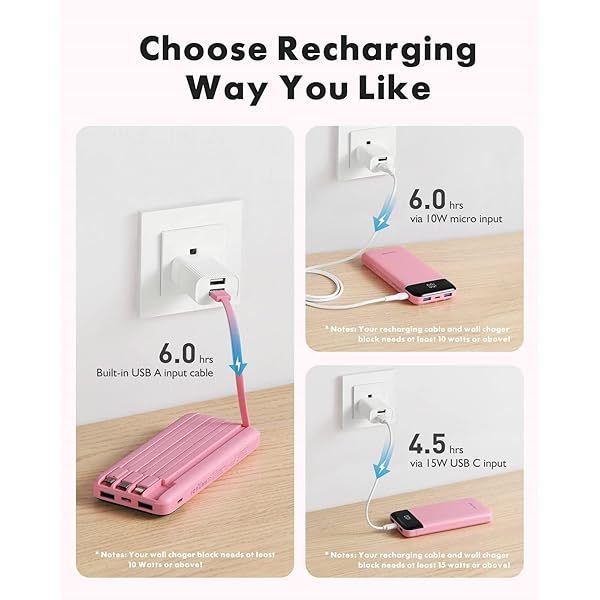 Portable Charger with Built in Cables, Portable Charger with Cords Wires Slim 10000mAh Travel Essentials Battery Pack 6 Outputs 3A High Speed Power Bank for iPhone Samsung Pixel LG Moto iPad A-Black