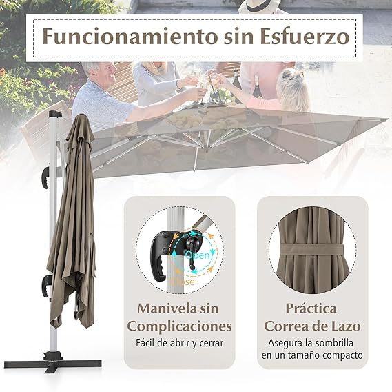 COSTWAY Sombrilla Terraza Exterior rectangular con Base 3x3m, Parasol Jardin Excentrico, Rotación de 360°, Inclinación Ajustable, Guarda Sol Jardin Exterior, Manivela y Base en Cruz