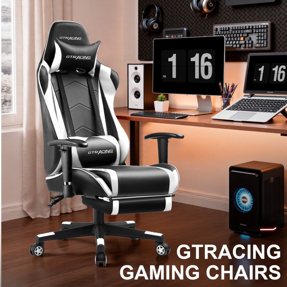 Silla gaming, silla ergonómica de escritorio con soporte lumbar, cuero sintético, reposapiés y reposacabezas ajustable.