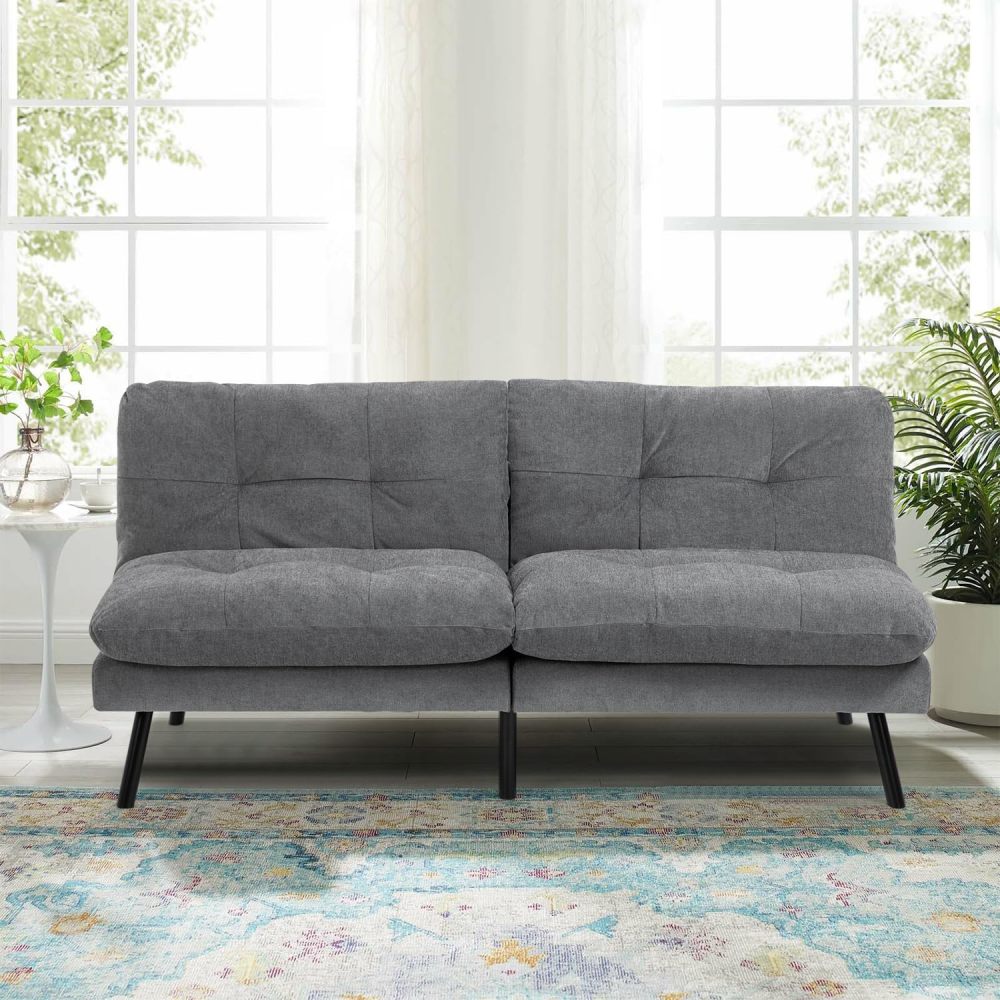 Sofá Cama de 2 Plazas, Sofá de Dos Usos Futon de Estilo Moderno, con Respaldo Doble Ajustable de 120 a 180 Grados, Salas de Estar y Dormitorios, Tela de Lino, Gris