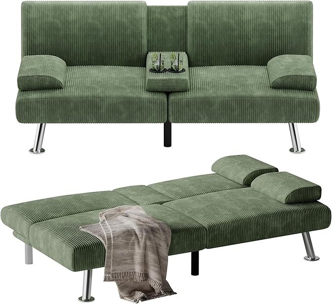 Futón sofá cama, sofá plegable de pana ajustable, sofá cama para apartamentos pequeños, juego de muebles tapizados para sala de estar con 2 soportes para tazas (verde)