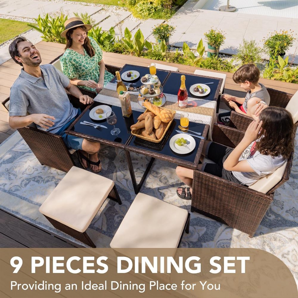 Devoko - Juego de 9 sillas de ratán para patio con mesa de vidrio y mesa de patio con asiento acolchado y parte trasera (beige)