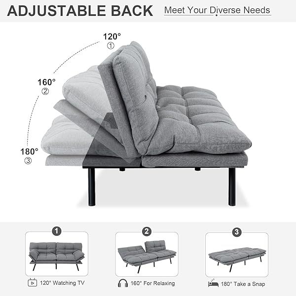Sofá cama futón de espuma viscoelástica ajustable, sofá con respaldo convertible y reposabrazos, futón plegable, moderno futón cama para sala de estar, apartamento, oficina, habitación pequeña, sofá cama de 71 pulgadas, color negro