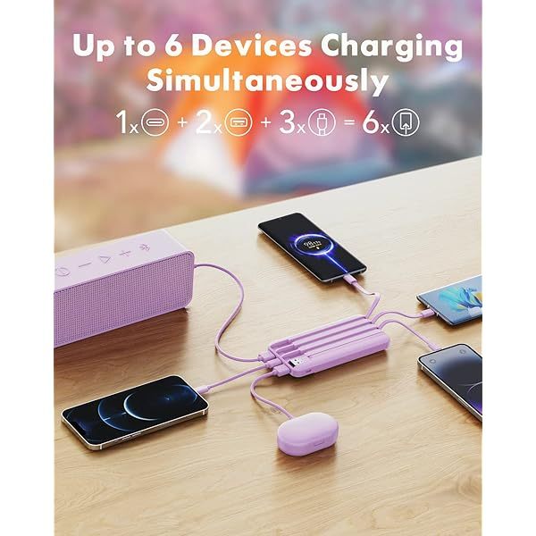 Portable Charger with Built in Cables, Portable Charger with Cords Wires Slim 10000mAh Travel Essentials Battery Pack 6 Outputs 3A High Speed Power Bank for iPhone Samsung Pixel LG Moto iPad A-Black