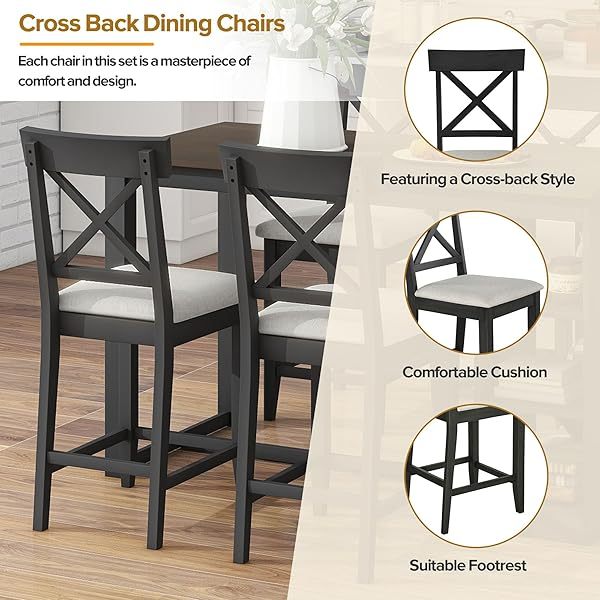 Juego de mesa de comedor de altura de mostrador con 4 sillas, mesa de cocina de madera maciza con gabinete de almacenamiento y cajón, tablero de mesa de mármol sintético, color negro