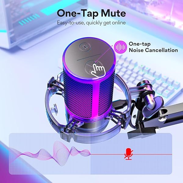 Micrófono USB para juegos, micrófono de condensador con cancelación de ruido, silenciador, ganancia, monitoreo y brazo articulado para transmisión
