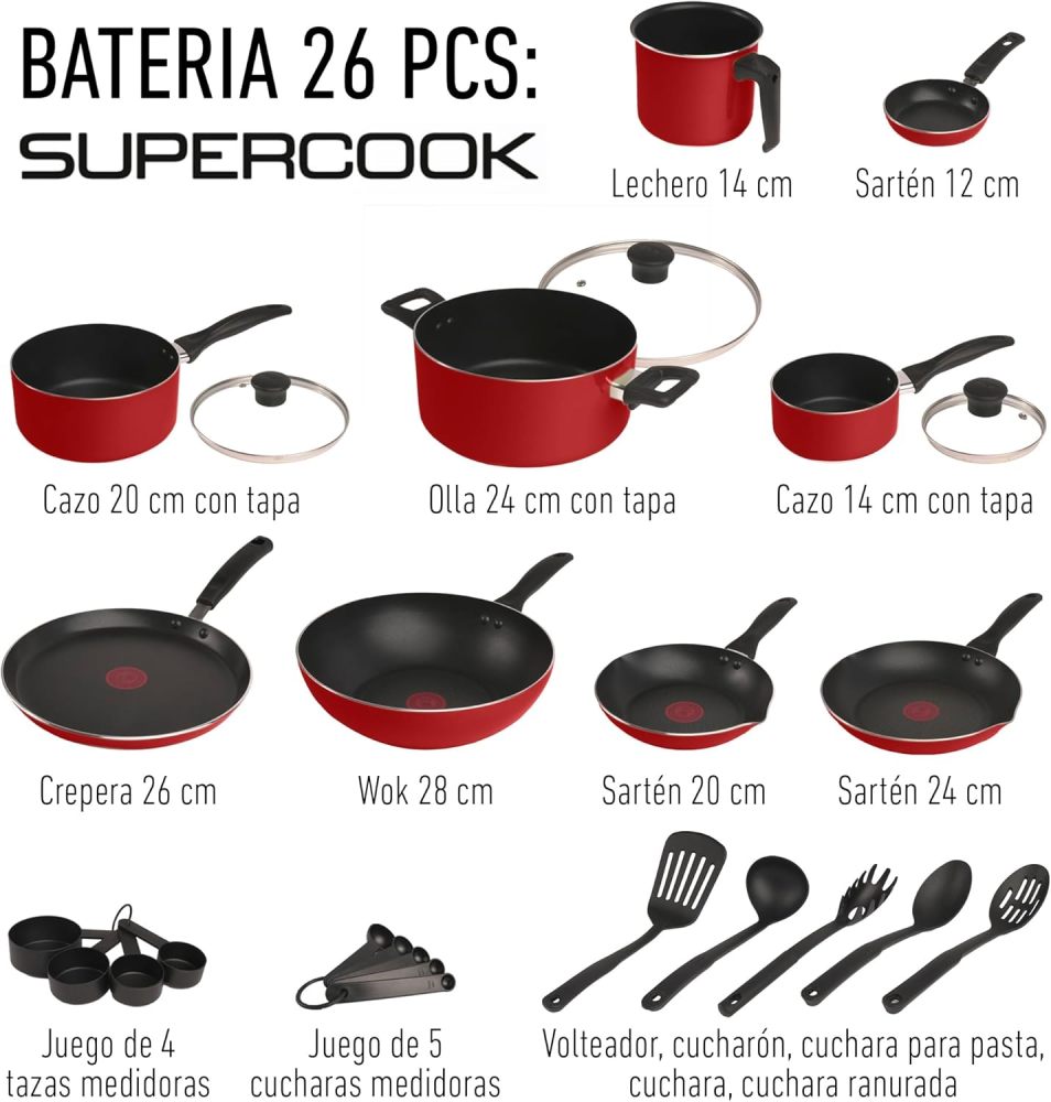 Batería de Cocina Supercook de 26 piezas Color Rojo con Antiadherente Titanium, tecnología Thermo Señal, de fácil limpieza y base difusora para crear deliciosas recetas, B929SZ84