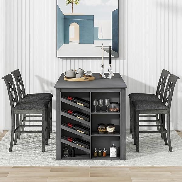 Juego de mesa de comedor de altura de mostrador con 4 sillas, mesa de cocina de madera maciza con gabinete de almacenamiento y cajón, tablero de mesa de mármol sintético, color negro