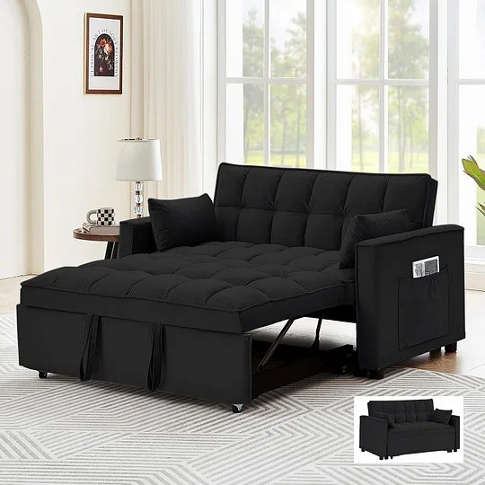 Sofá convertible de 55 pulgadas 3 en 1 sofá de terciopelo pequeño con cama extraíble, respaldo reclinable, almohadas y bolsillos, futón para sala de estar, departamento, oficina
