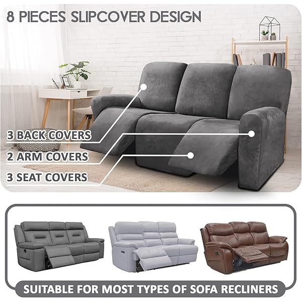 Fundas de sofá reclinables de terciopelo de 8 piezas, fundas elásticas para sofá reclinable de 3 cojines, fundas para sofá reclinable, muebles