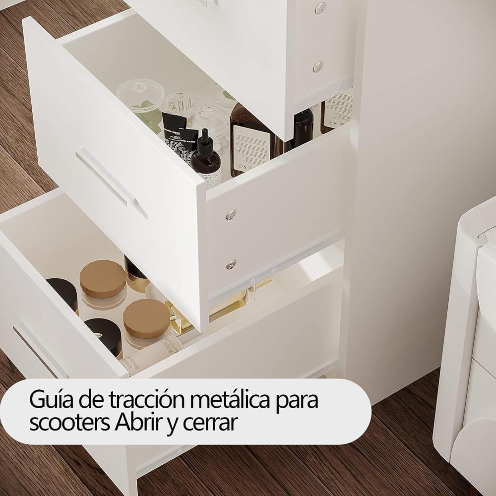 Tocador,Tocador de Maquillaje con Luces de Espejo, Vanity Tocador con 5 Cajones,Estantes de Almacenamiento,Taburete Acolchado, Tocador con 3 Estantes, Mesa de Maquillaje para Dormitorio Blanco