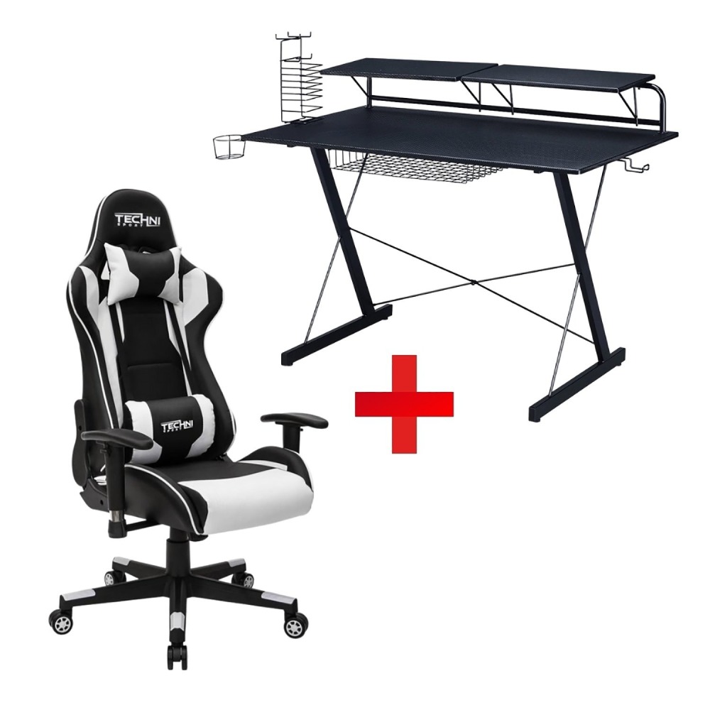 SILLA TECHNISPORT BLANCO GAMER CLASICA SGBL Y ESCRITORIO FIBRA CARBONO