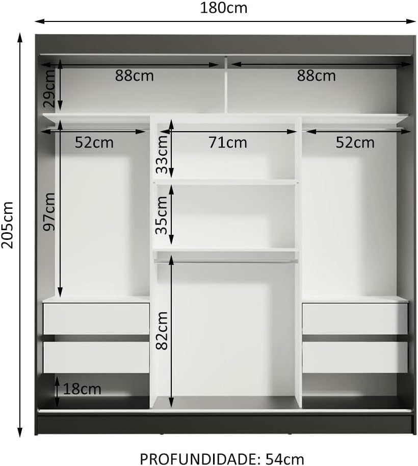 Armario de madera maciza de 3 puertas con 1 espejo - Negro/Marrón