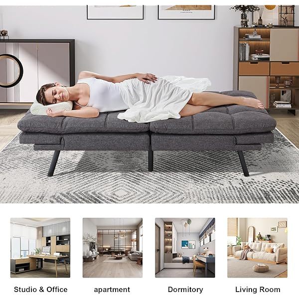 Sofá cama futón de espuma viscoelástica ajustable, sofá con respaldo convertible y reposabrazos, futón plegable, moderno futón cama para sala de estar, apartamento, oficina, habitación pequeña, sofá cama de 71 pulgadas, color negro